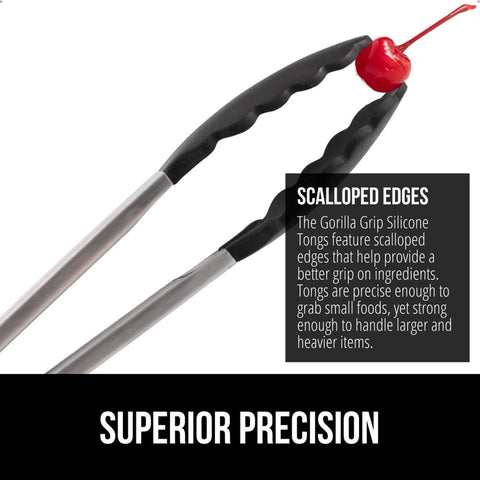 GORILLA GRIP stainless-steel body tongs for durable everyday use on pans and grills.