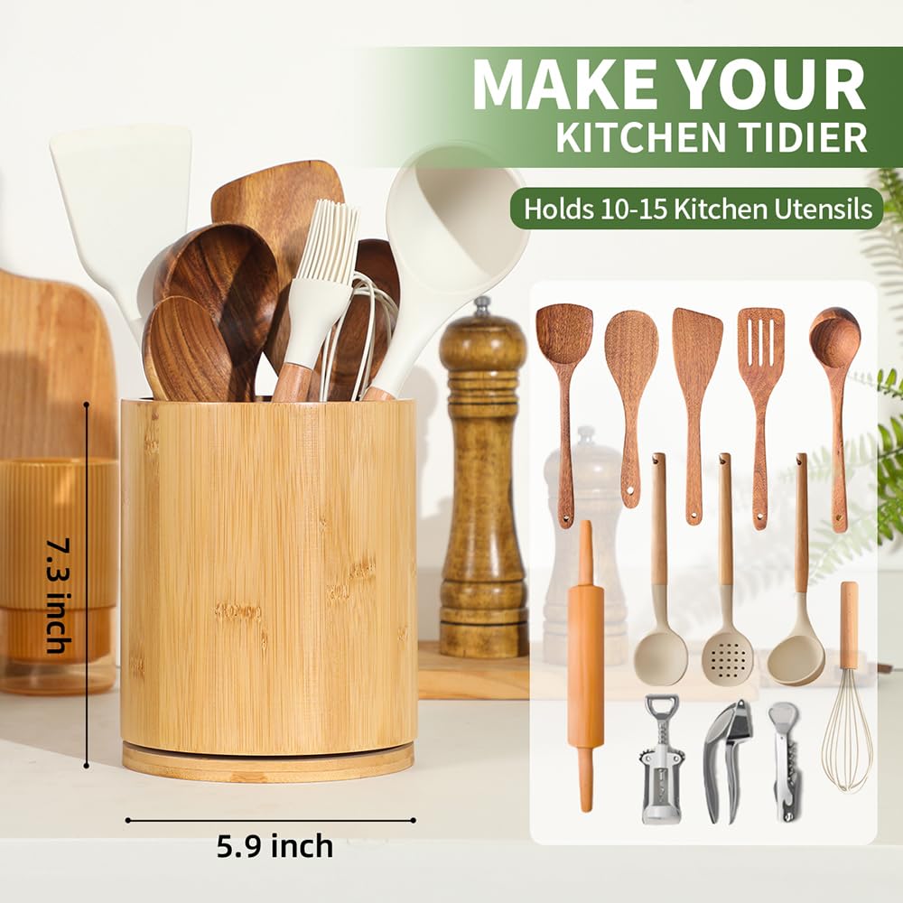 Gorsent bamboo utensil crock on counter for clutter-free organization.