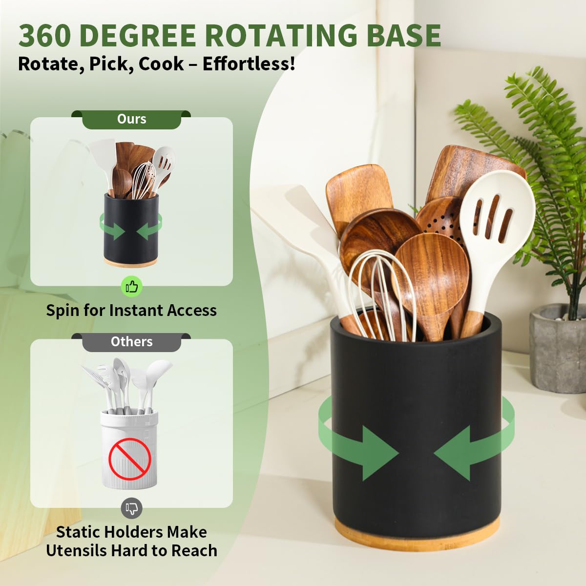 Gorsent pine wood utensil holder with black finish blends with décor