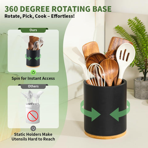 Gorsent pine wood utensil holder with black finish blends with décor