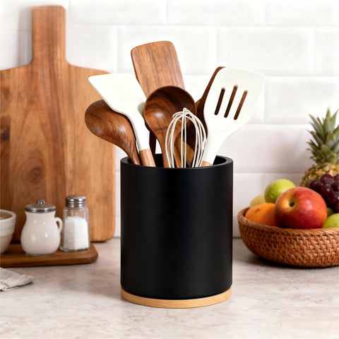 Gorsent utensil holder close-up showing durable pine construction