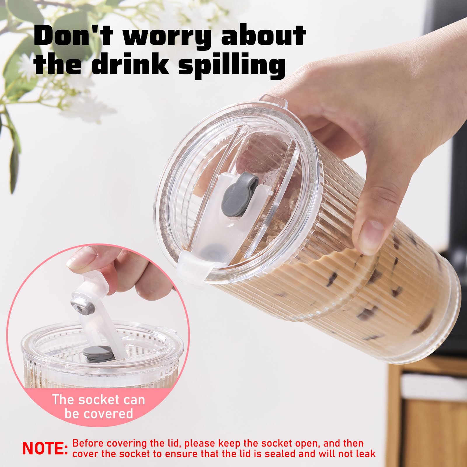 Lids and straw enable spill-resistant sipping on the go.