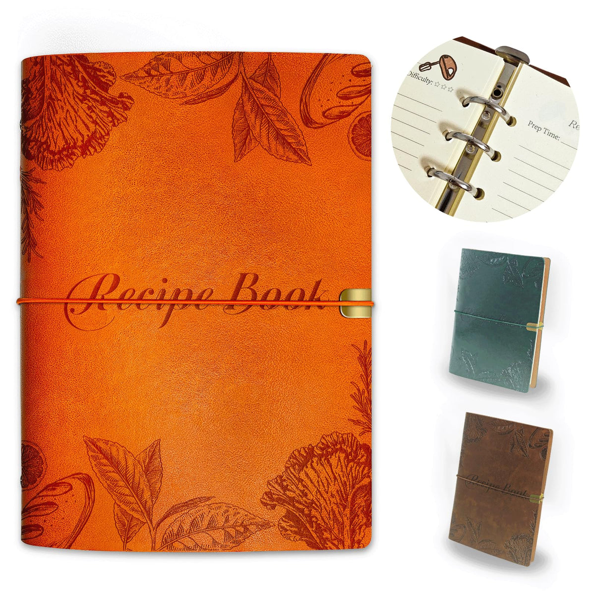 GoShambar blank recipe book orange leather cover for organized family recipes.