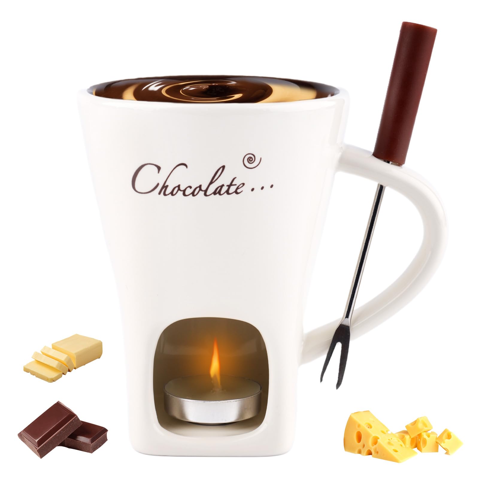 Gosknor chocolate fondue mug with fork in white ceramic for easy dipping