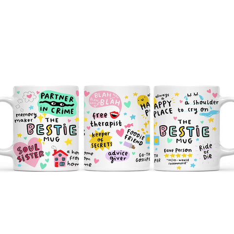 Gossby Bestie mug closeup print emphasizes durable, lead-free ceramic quality
