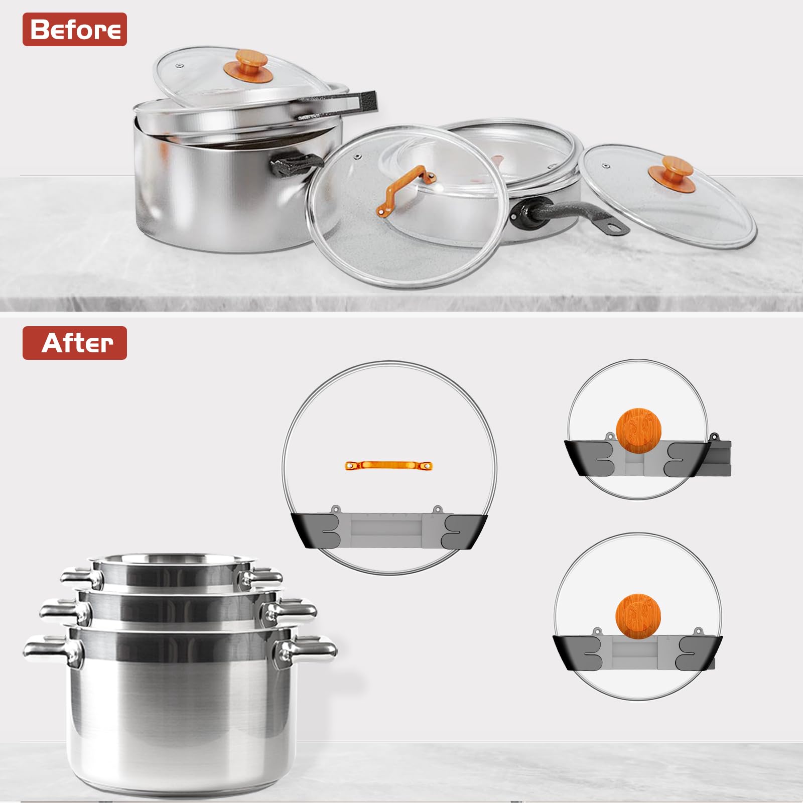 Gosuny modern kitchen lid organizer complements any design while reducing clutter.