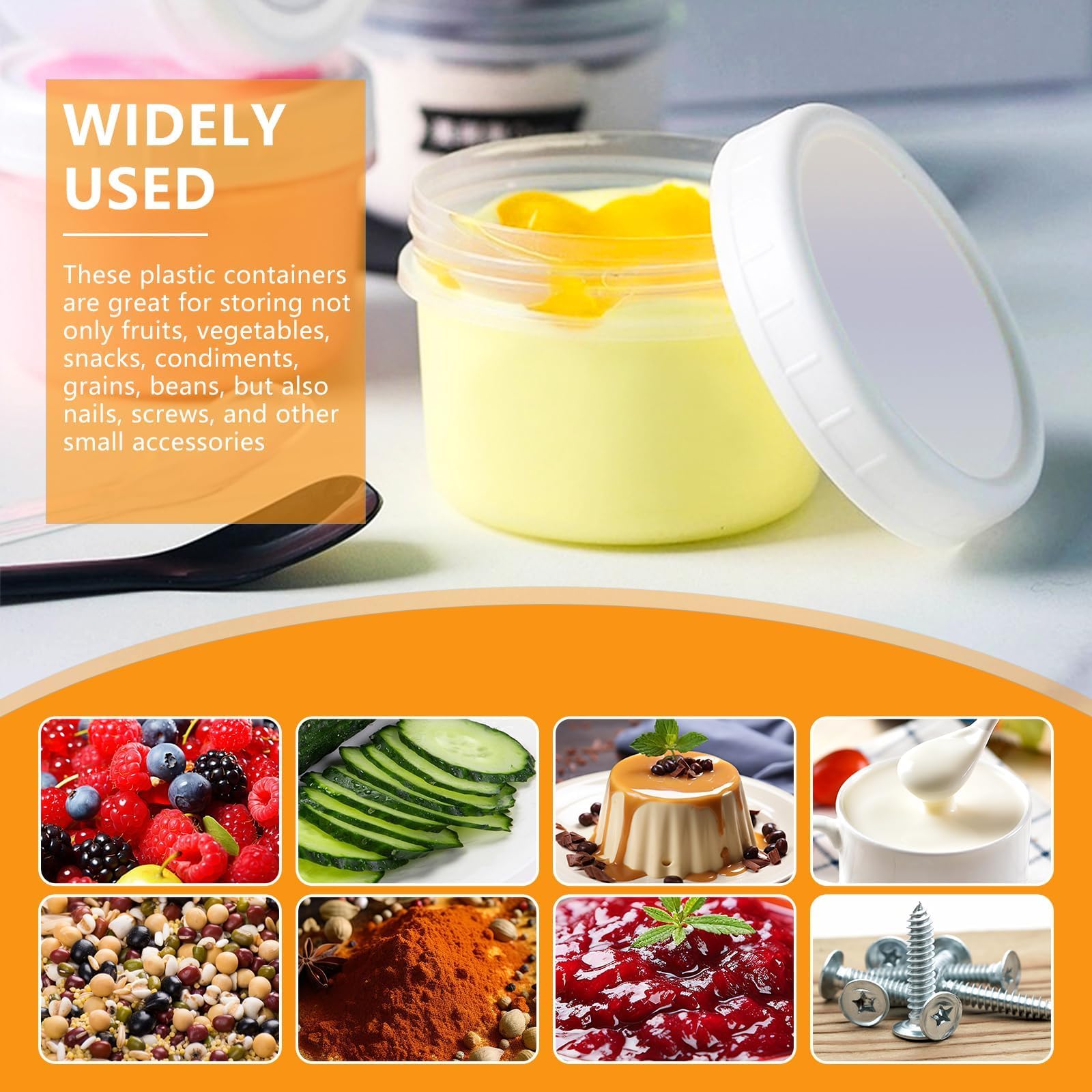 Multi-use containers store snacks, small parts, nails, screws and more.
