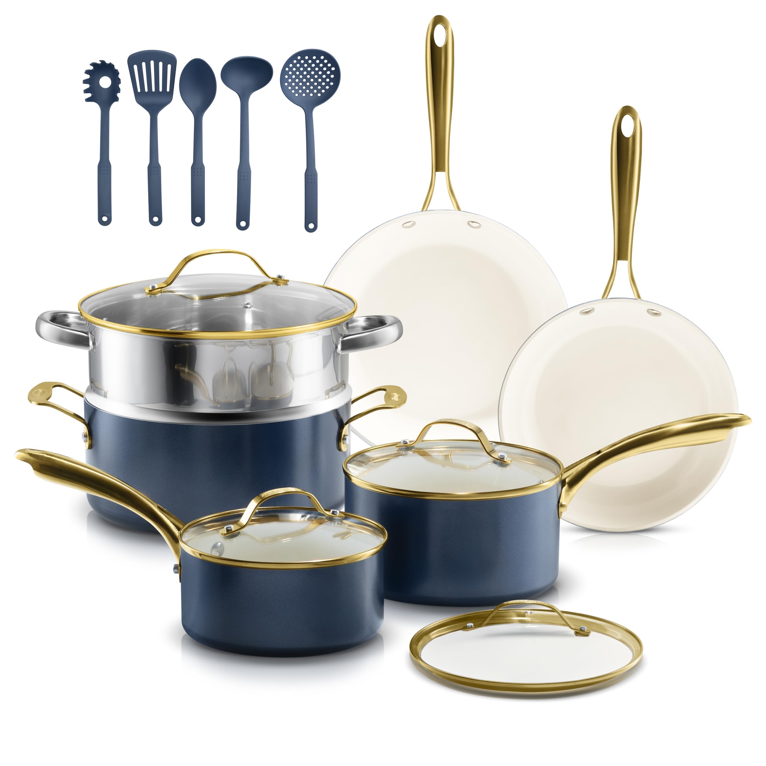 Gotham Steel 15-piece ceramic cookware set in cream finish for even heating and easy cleanup