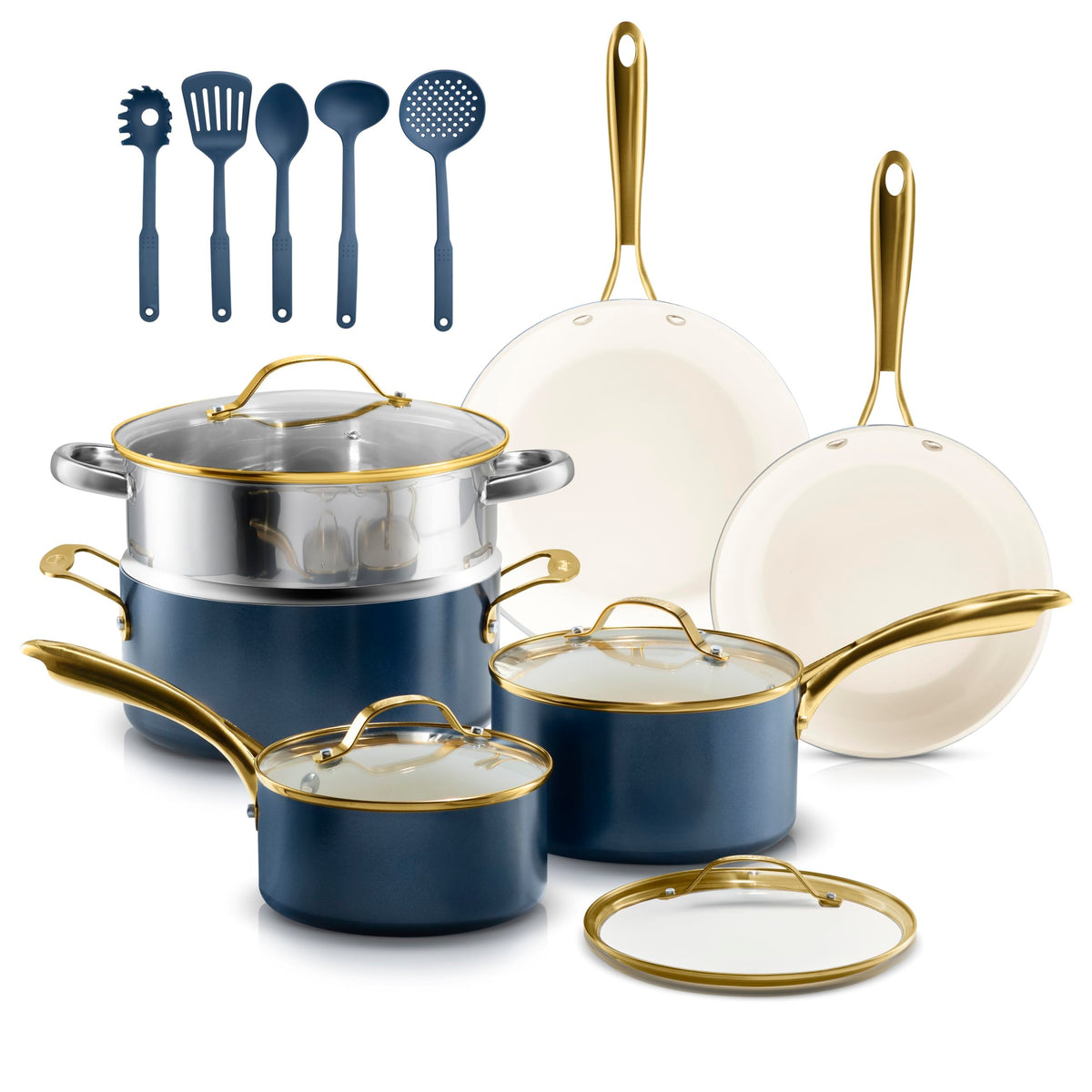 Gotham Steel 15-piece ceramic cookware set in cream finish for even heating and easy cleanup