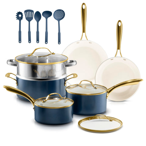 Gotham Steel 15-piece ceramic cookware set in cream finish for even heating and easy cleanup