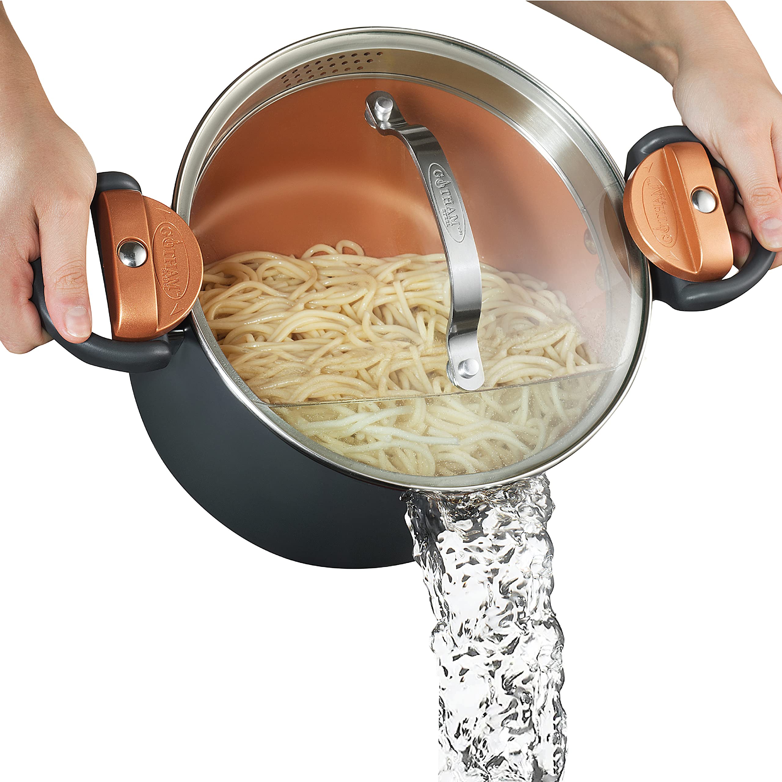 Gotham Steel 5 Quart Stock Pot with Strainer Lid for quick pasta draining