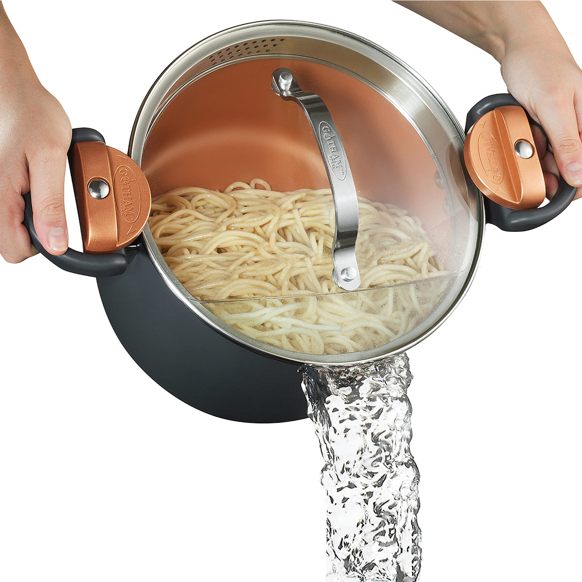 Gotham Steel 5 Quart Stock Pot with Strainer Lid for quick pasta draining