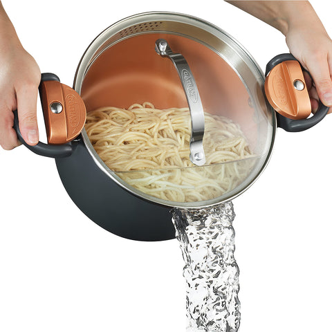 Gotham Steel 5 Quart Stock Pot with Strainer Lid for quick pasta draining
