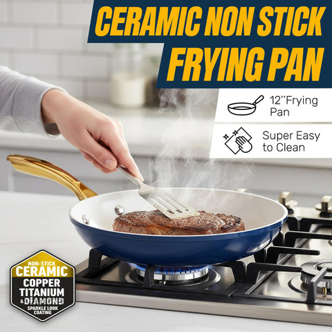 Gotham Steel 10.25-inch ceramic frying pan with lid for versatile searing and simmering