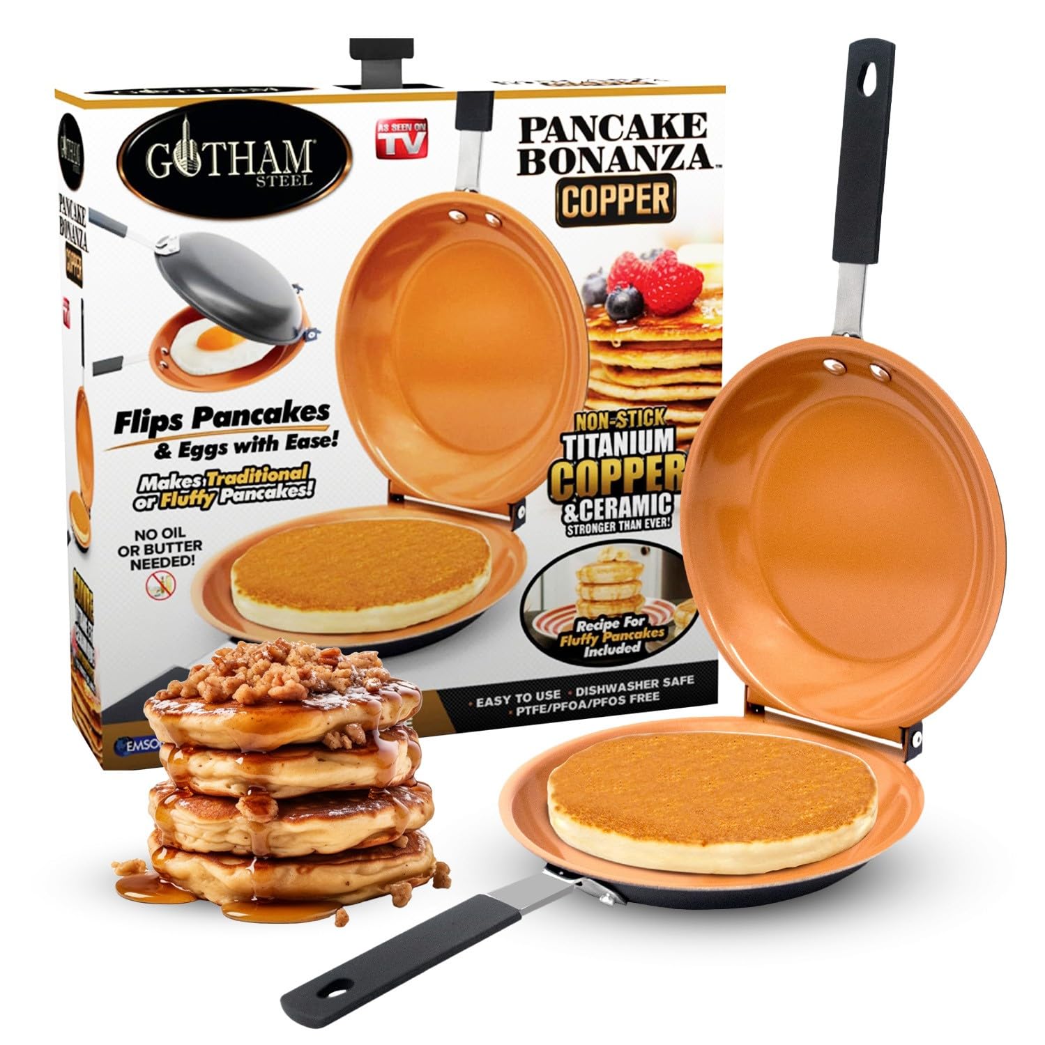 Gotham Steel double pan pancake bonanza enables fluffy pancakes with easy flip.