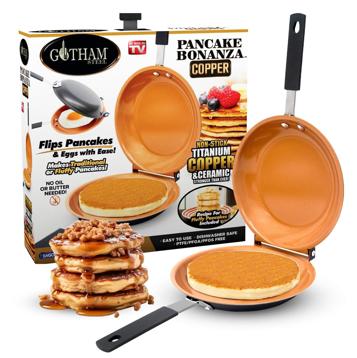 Gotham Steel double pan pancake bonanza enables fluffy pancakes with easy flip.