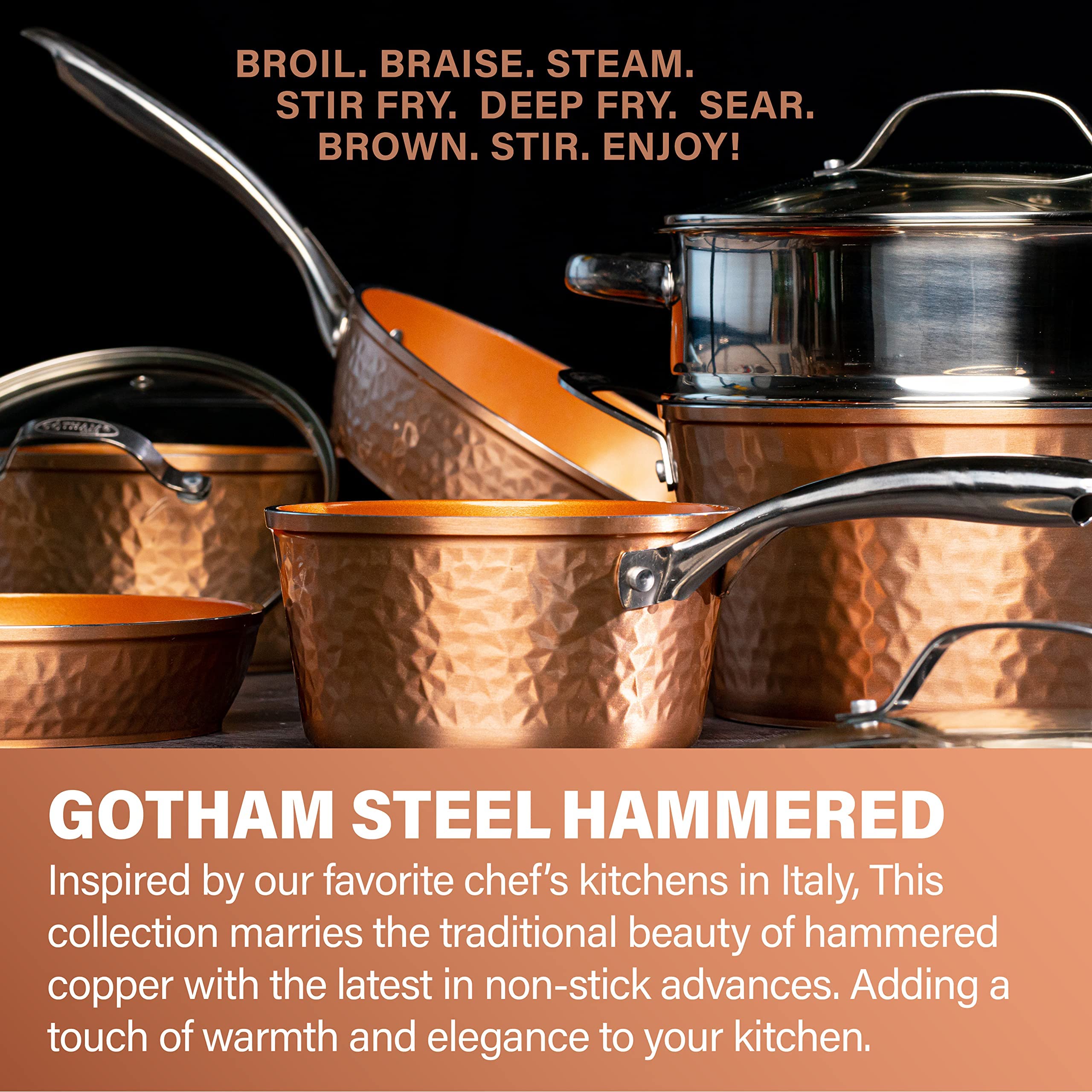 Gotham Steel hammered 10-inch frying pan ideal for quick sears and simple cleanup.