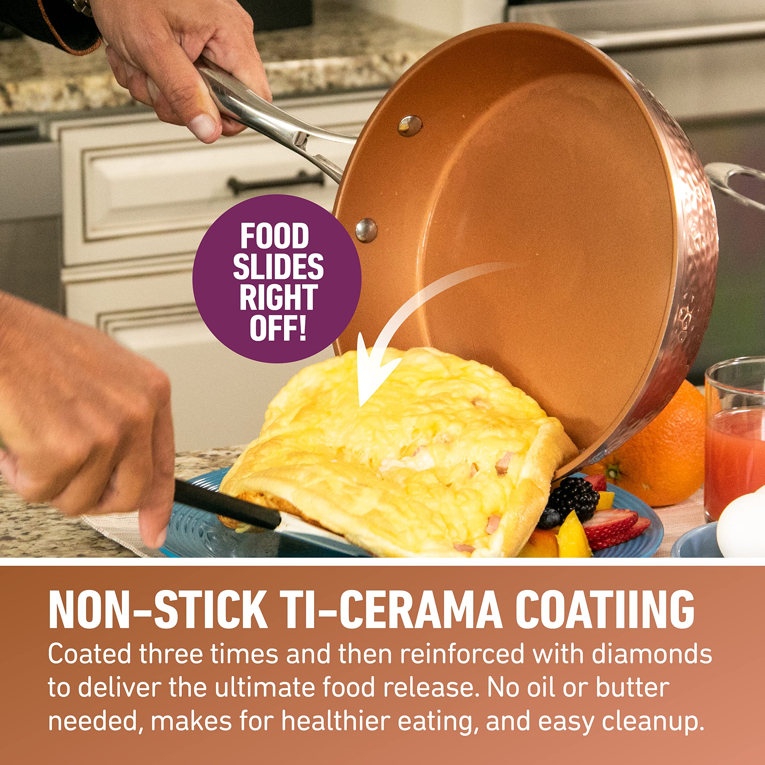 Gotham Steel hammered 12-inch frying pan great for family meals and even heating.
