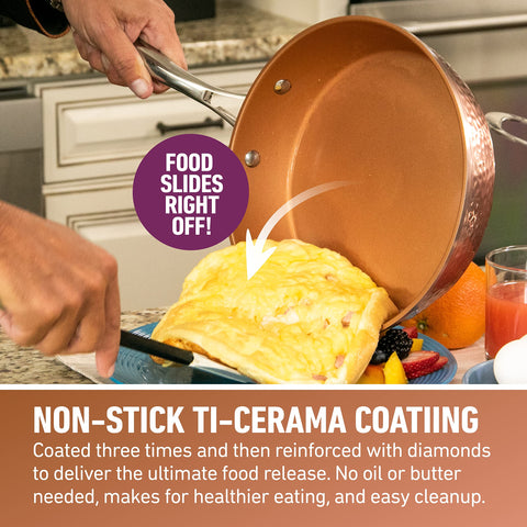 Gotham Steel hammered 12-inch frying pan great for family meals and even heating.