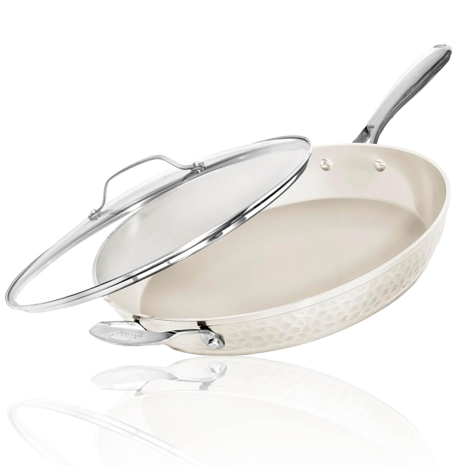 GOTHAM STEEL hammered 14-inch fry pan with lid for even heat.