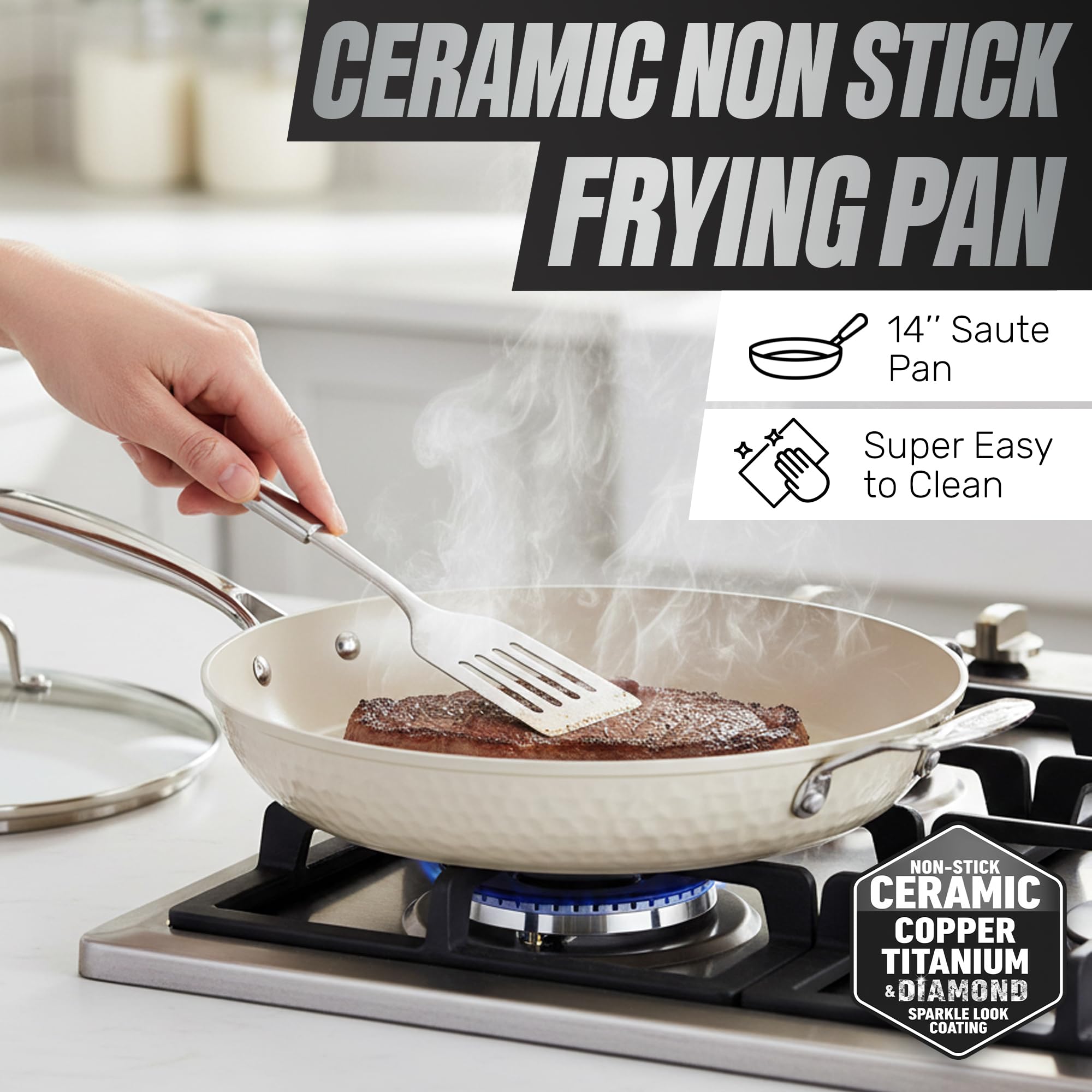 GOTHAM STEEL hammered nonstick ceramic surface offers healthier cooking with less oil.