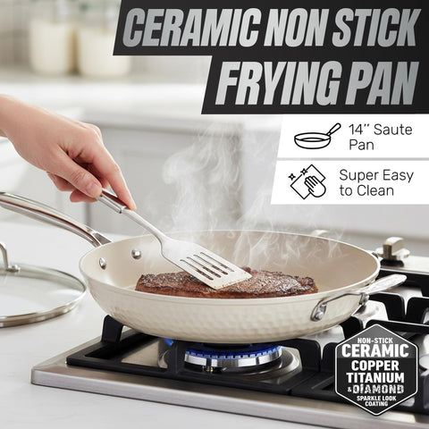 GOTHAM STEEL hammered nonstick ceramic surface offers healthier cooking with less oil.