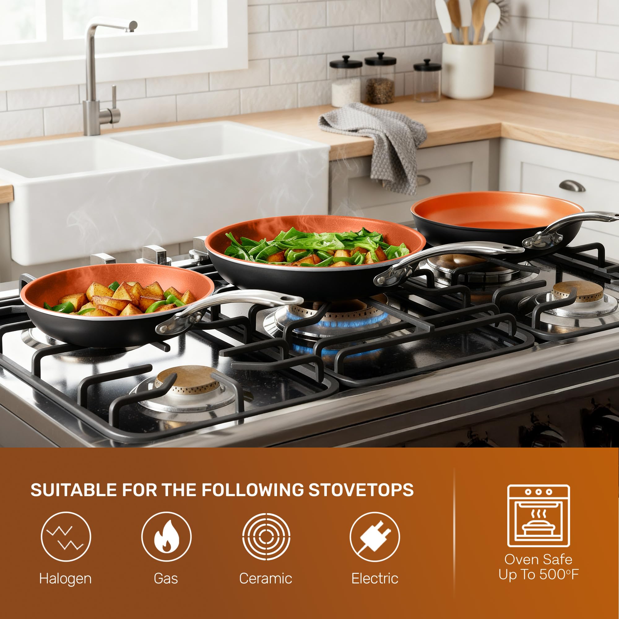 Gotham Steel oven-safe label showing compatibility up to 500F for versatile cooking.