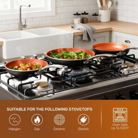 Gotham Steel oven-safe label showing compatibility up to 500F for versatile cooking.