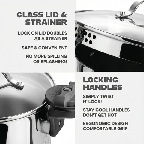 GOTHAM STEEL pasta pot in use for boiling and draining