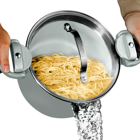 Gotham Steel pasta pot with strainer lid for easy draining and versatile cooking.