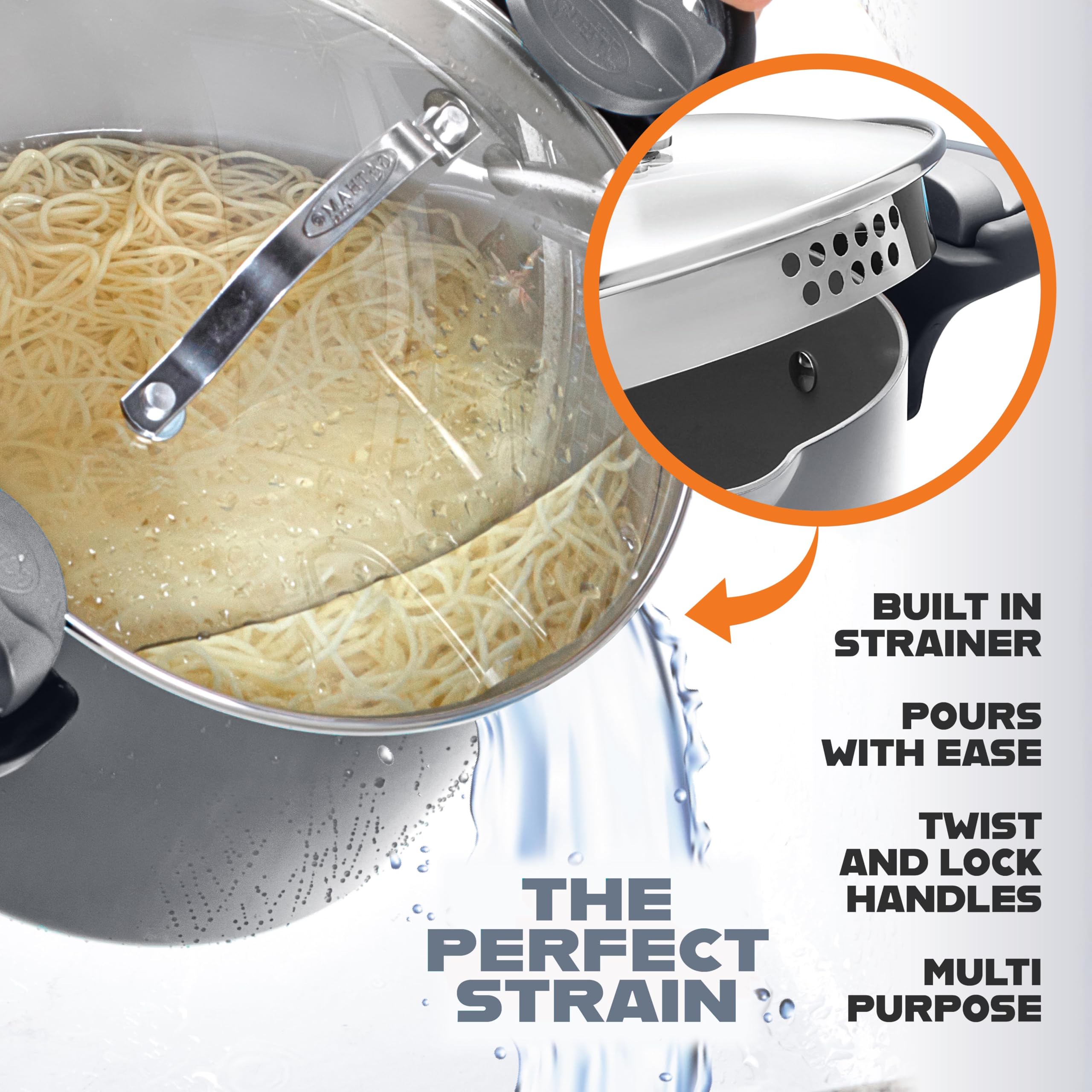 Gotham Steel pasta pot with twist-lock handles showing secure pouring.