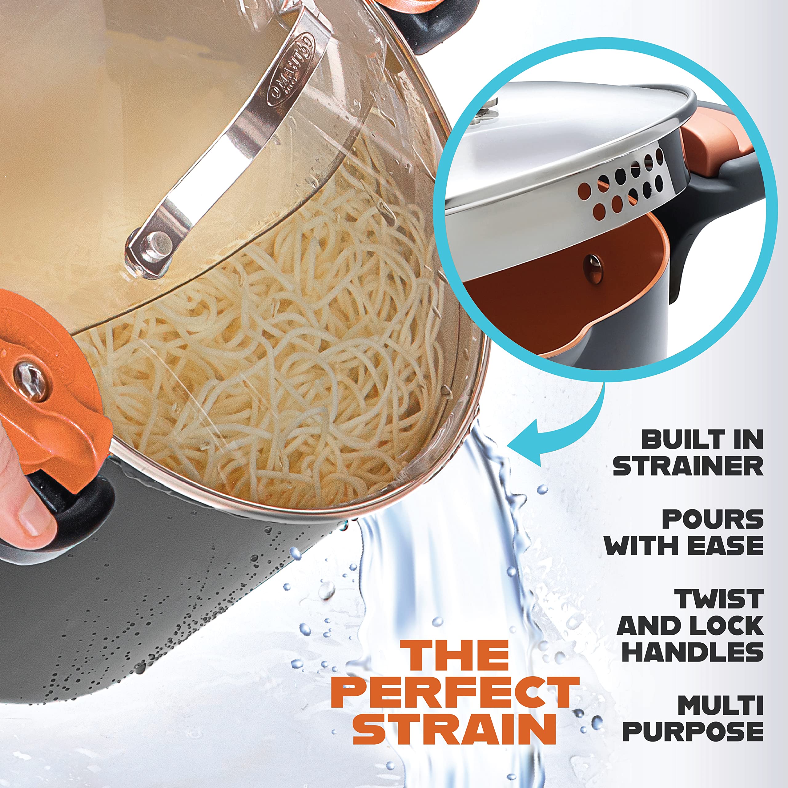 Gotham Steel pasta pot with twist-lock handles for safer, easier handling