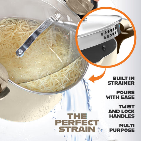 Gotham Steel pasta pot with twist-lock handles for safer pouring