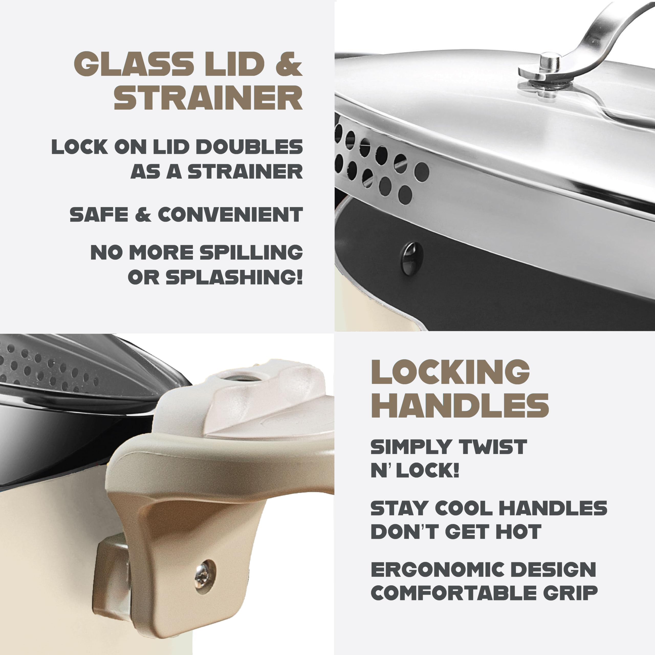 Gotham Steel pot offers two strainer sizes for delicate to chunky foods