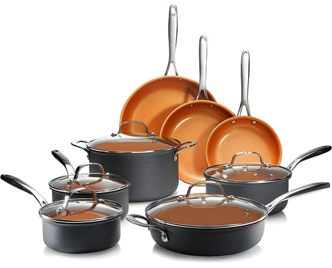 Gotham Steel Pro 13pc complete set showing durable hard anodized construction and nonstick performance.