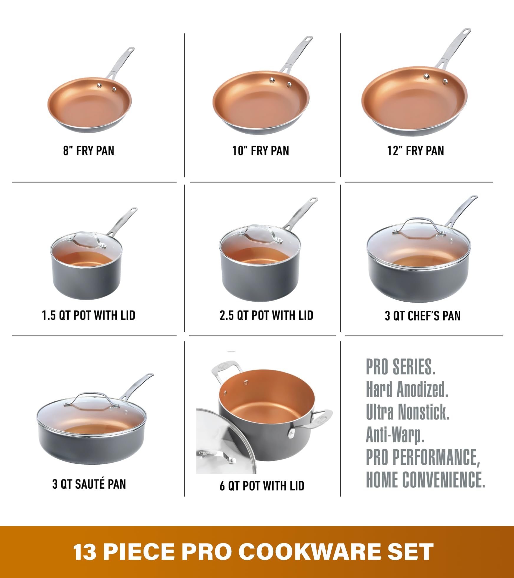 Gotham Steel Pro 8-inch skillet highlights even heat and easy release for everyday cooking.