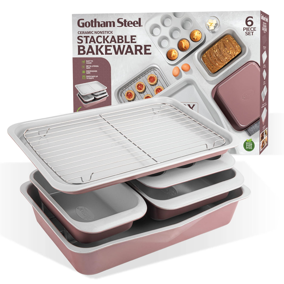 Gotham Steel stackable bakeware set shown saving cabinet space for organized storage.