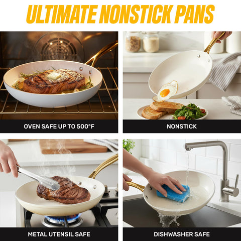 Gotham Steel gold stay-cool handles stay comfortable when transferring from stove to oven.
