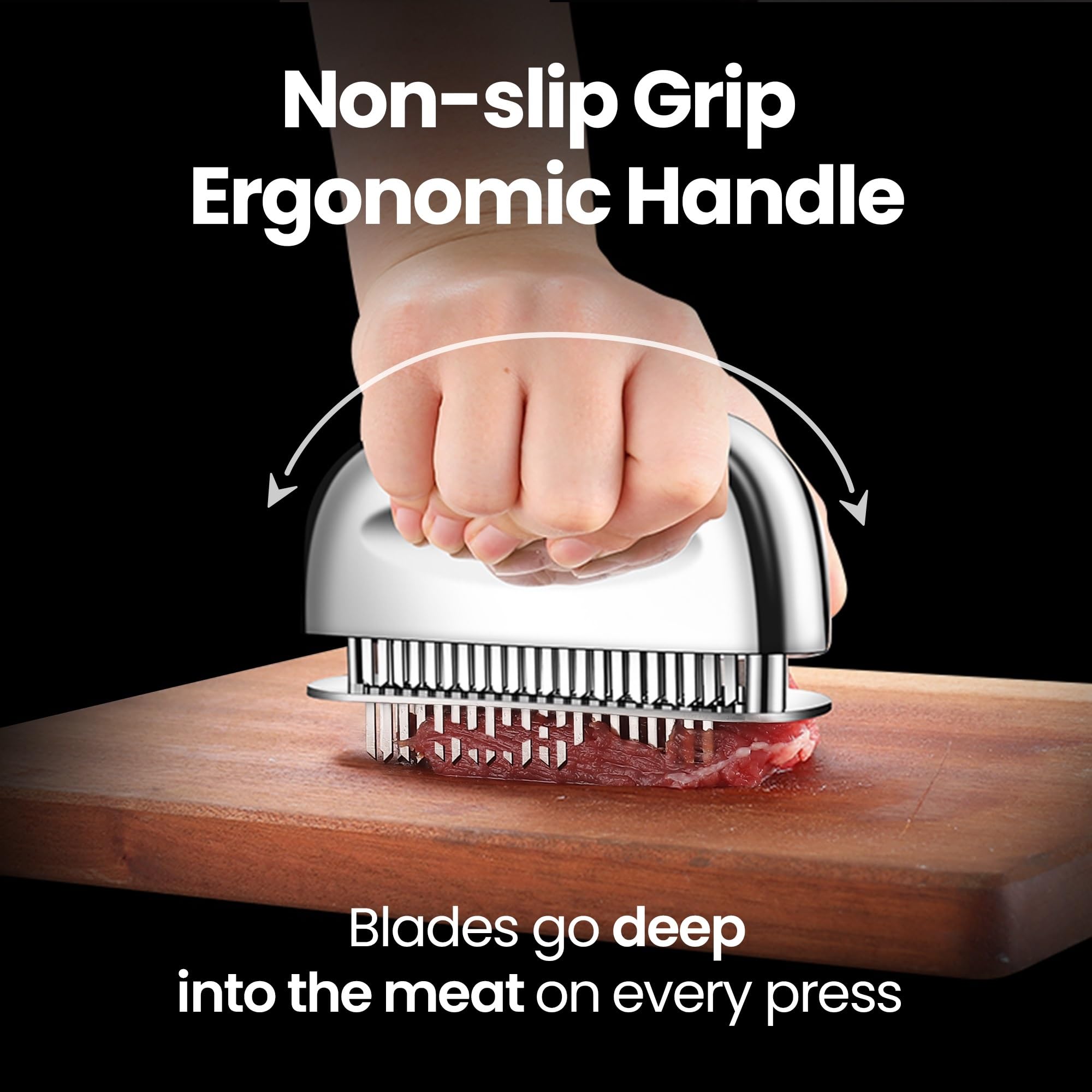 Gourmet Easy ergonomic handle delivering steady, even pressure during tenderizing