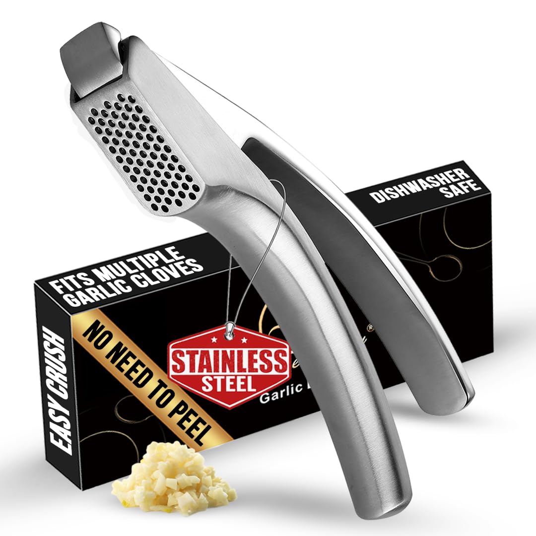 Gourmet Easy garlic press front view showing sleek stainless steel body