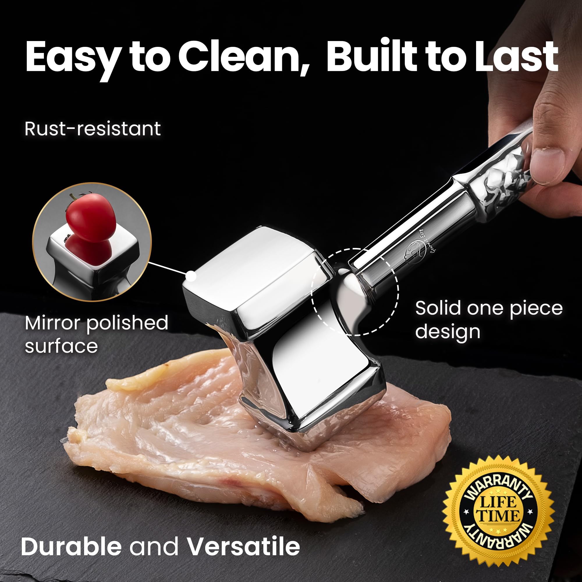 Gourmet Easy 13-oz weight provides stable, gravity-assisted tenderizing