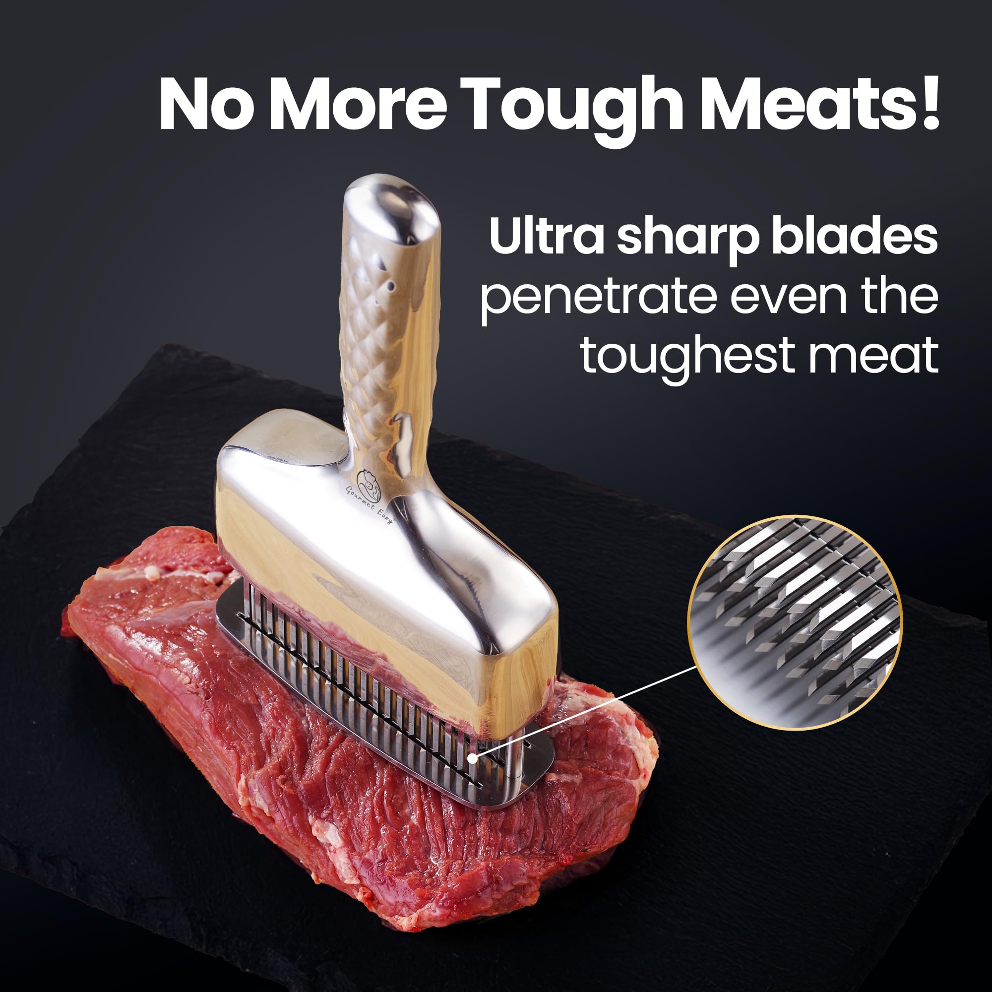 Gourmet Easy meat tenderizer long ergonomic handle stays gripped even with wet hands.