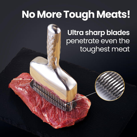 Gourmet Easy meat tenderizer long ergonomic handle stays gripped even with wet hands.