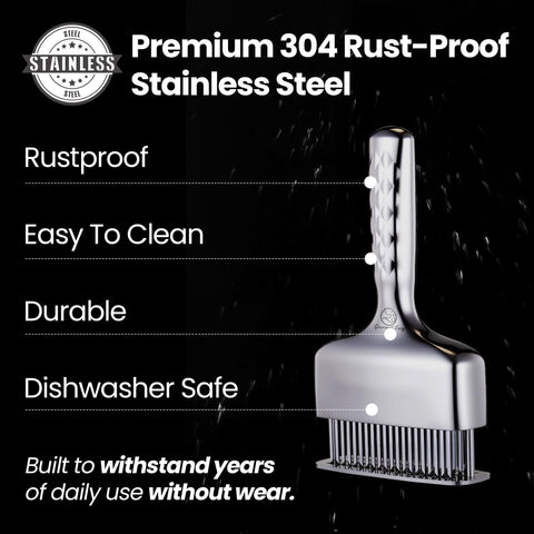 Gourmet Easy meat tenderizer rustproof and dishwasher safe for easy cleanup.