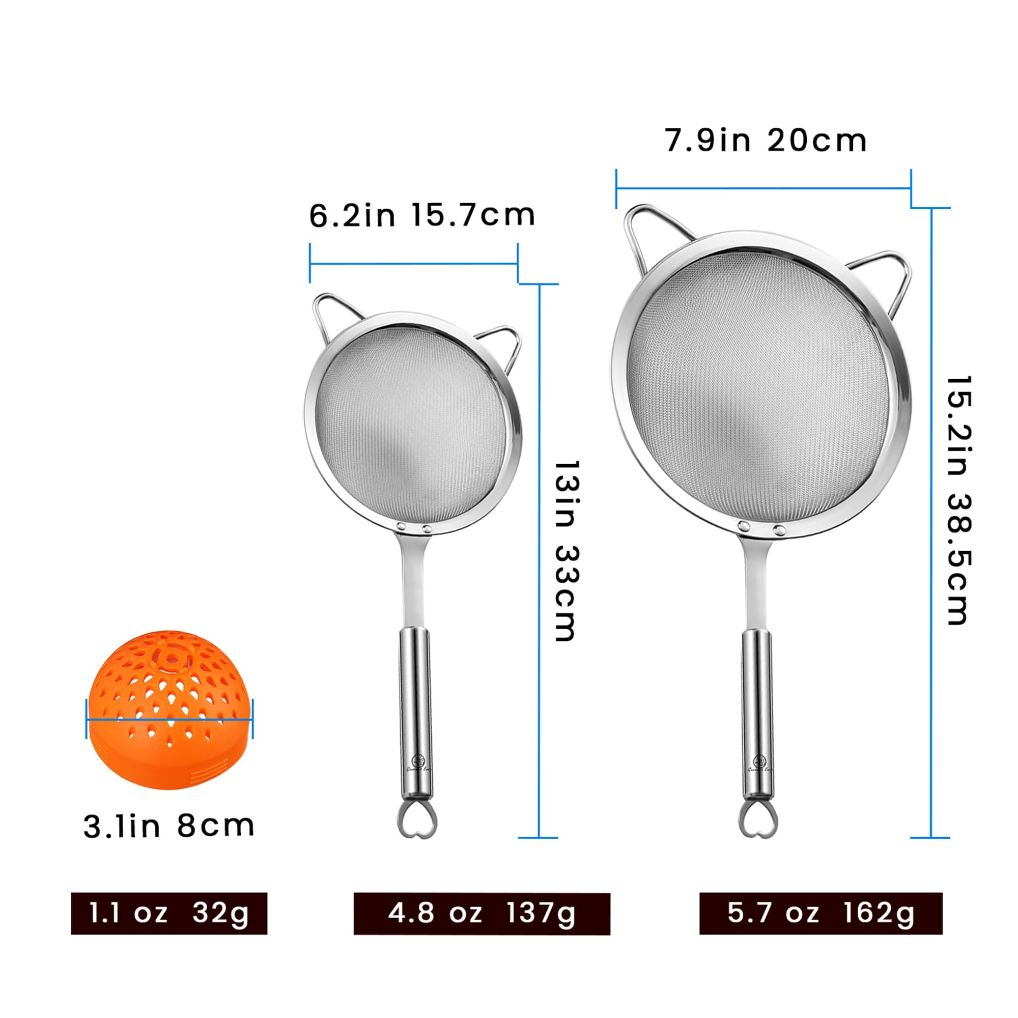 Gourmet Easy strainer with sturdy handle and two ears.
