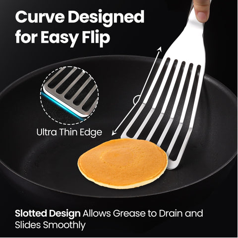 Gourmet Easy ultra-thin edge spatula slides beneath foods without tearing.