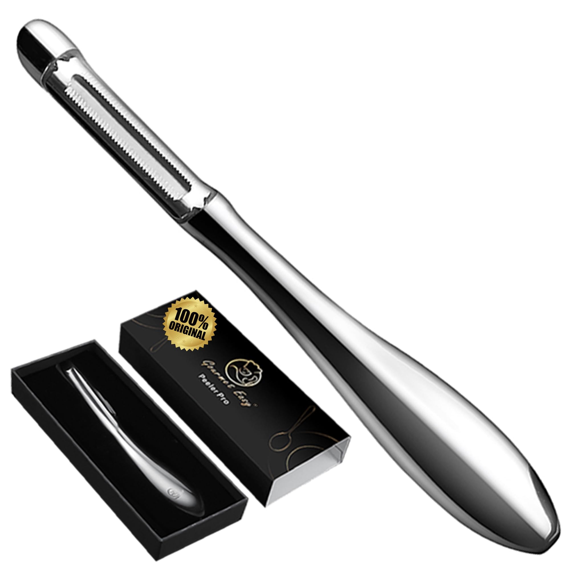Gourmet Easy vegetable peeler with serrated blade for effortless peeling.