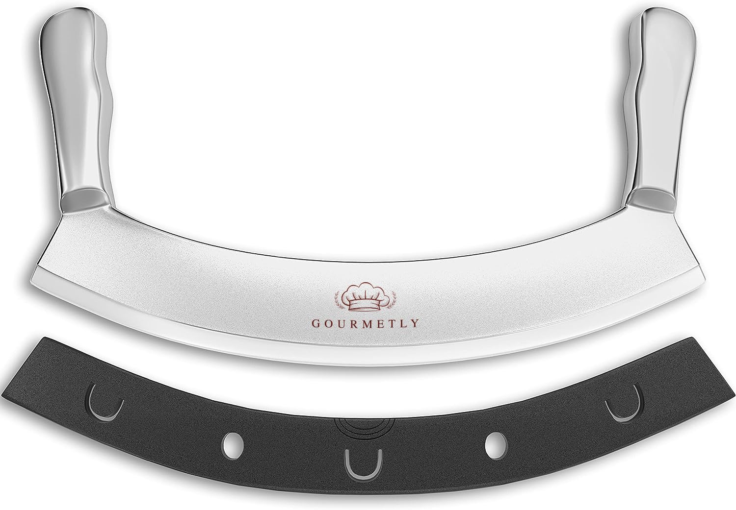 Gourmetly mezzaluna knife cover with 12-inch curved blade for safe storage and easy access.