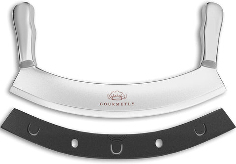 Gourmetly mezzaluna knife cover with 12-inch curved blade for safe storage and easy access.
