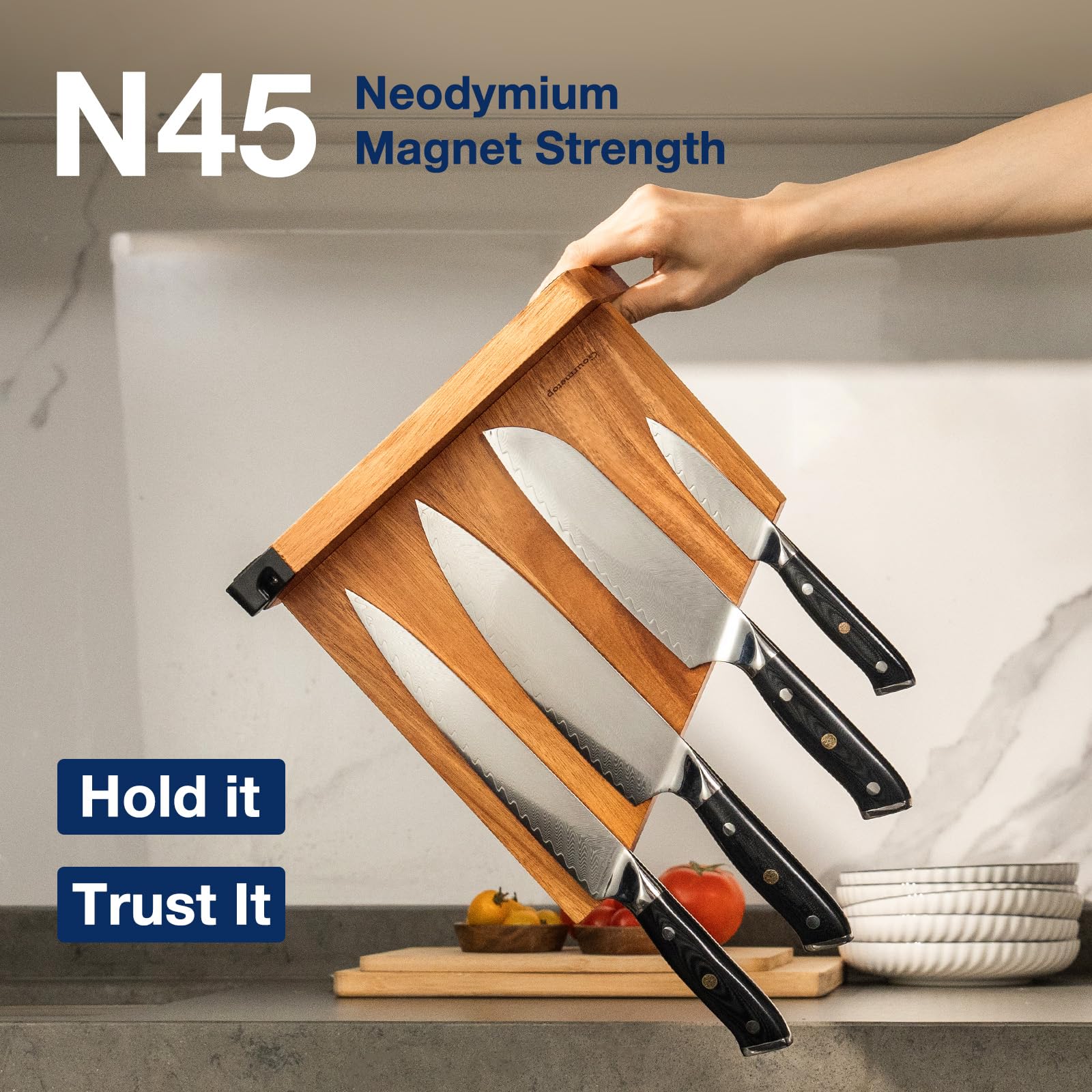Gourmetop acacia wood knife block highlights natural grain and edge-friendly storage.